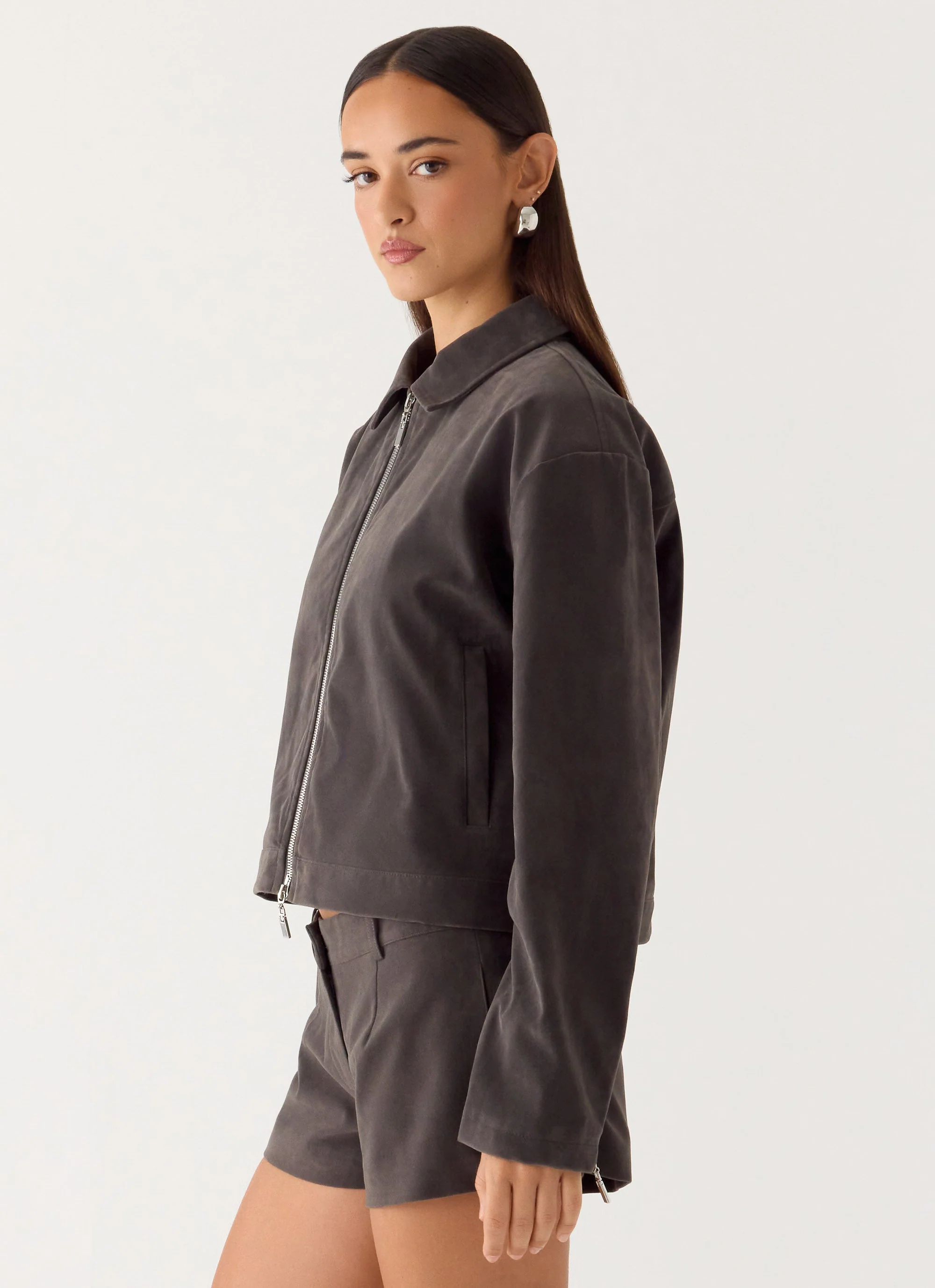 Austina Faux Suede Boxy Jacket - Tan Grey - Image 2