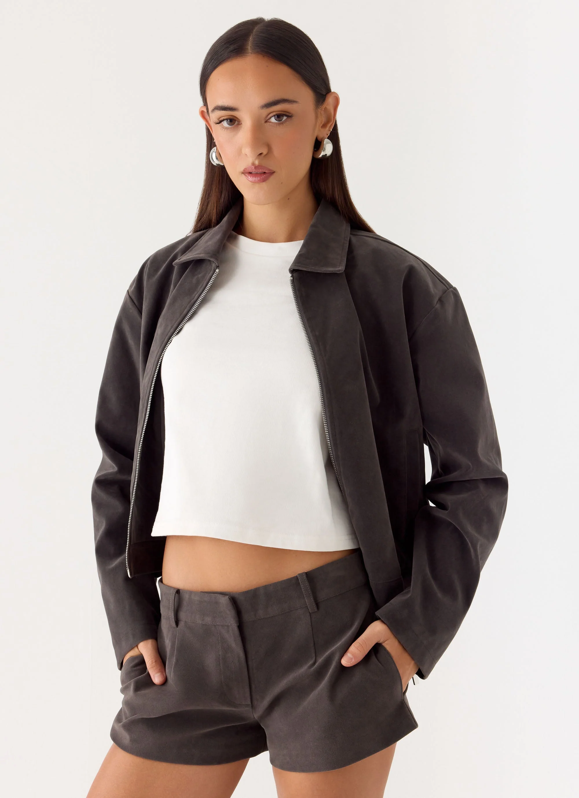 Austina Faux Suede Boxy Jacket - Tan Grey - Image 6