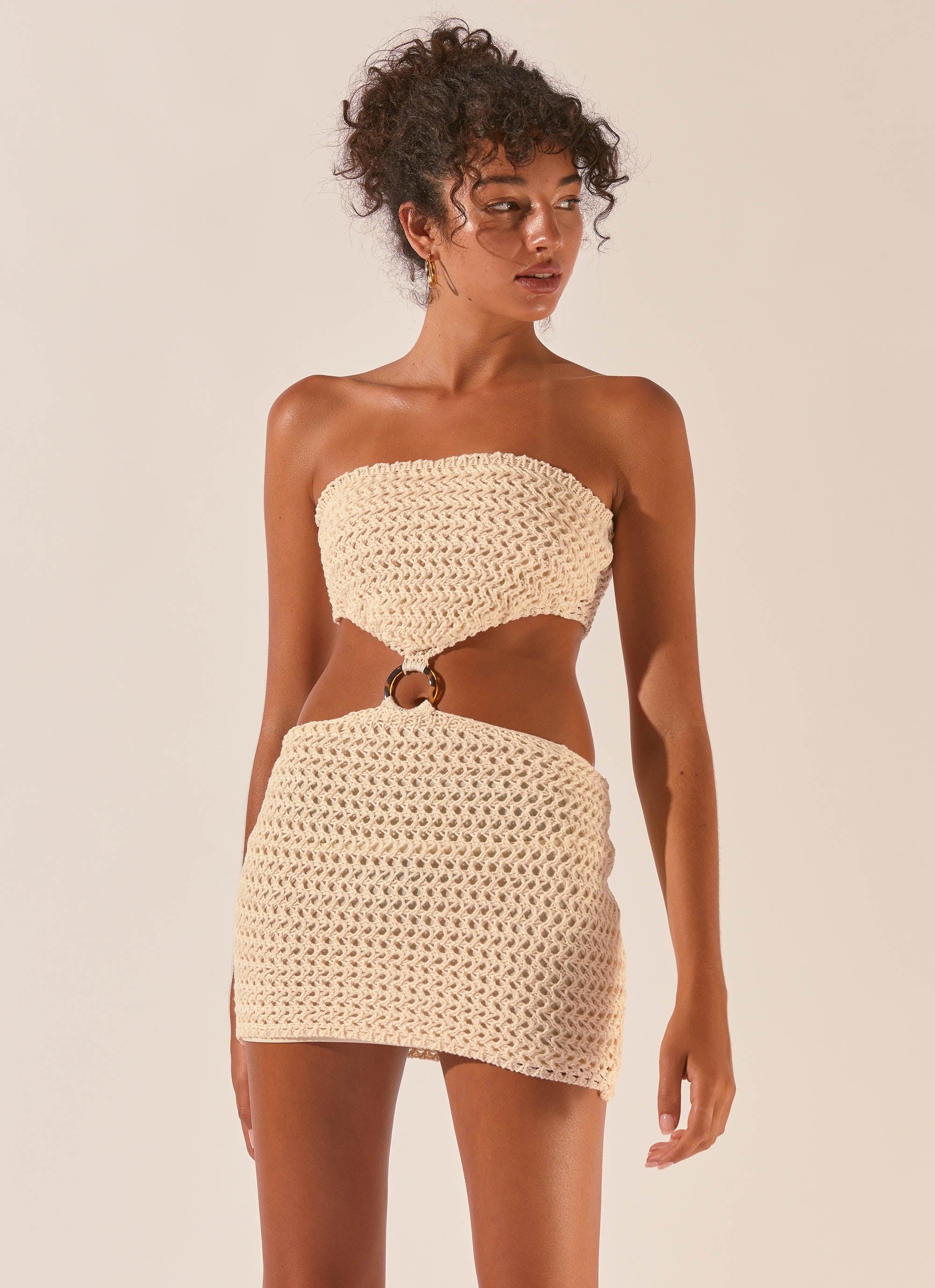 Balmy Nights Crochet Mini Dress - Seashell - Image 2