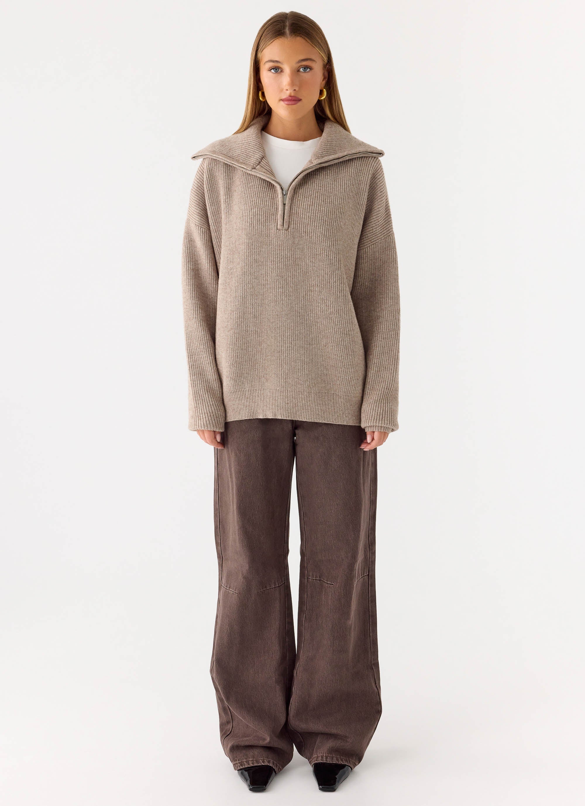 Eirena Quarter Zip Knit Sweater - Tan - Image 2