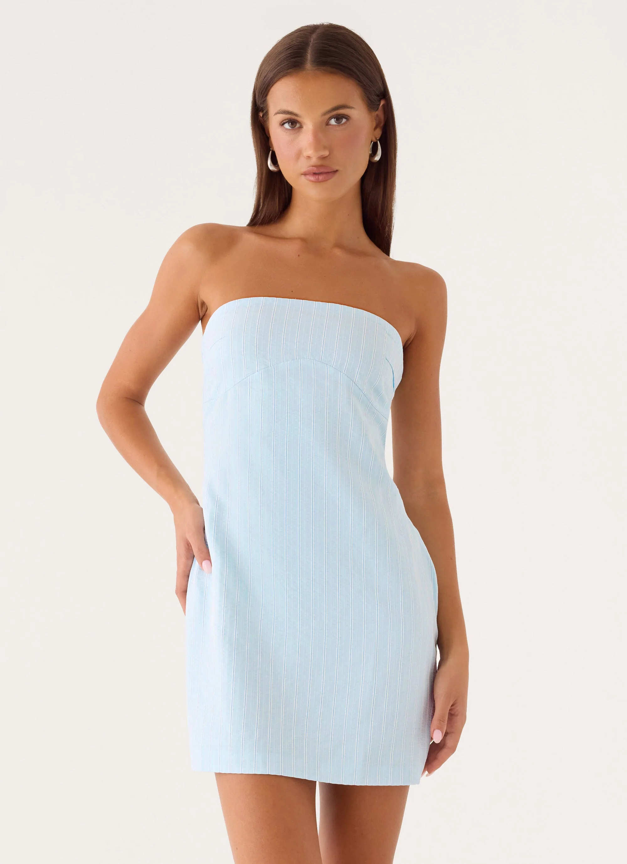 Reinna Cotton Strapless Mini Dress - Baby Blue Stripe - Image 6